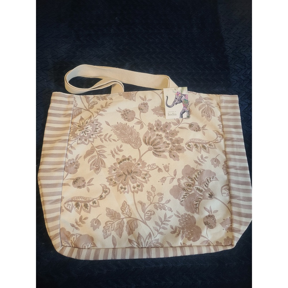 Everyday Tote Bag Floral Beaded Sequin Tan Striped boho India earthtone NWT